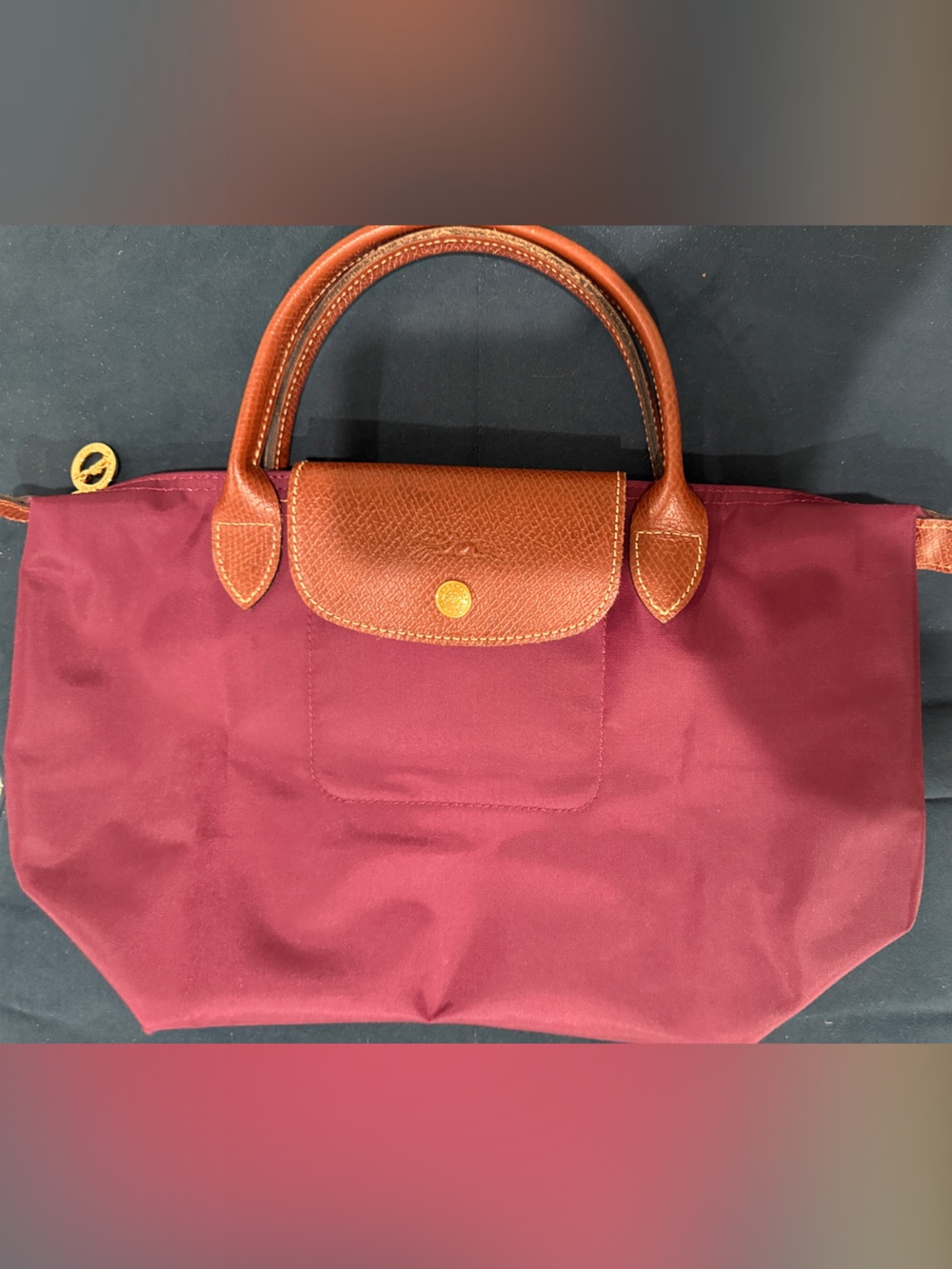Longchamp Burgundy Tote with Brown Leather Trim